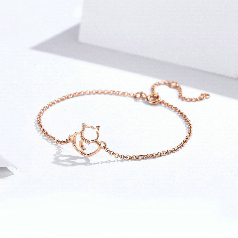 Cat and Heart Link Chain Bracelet