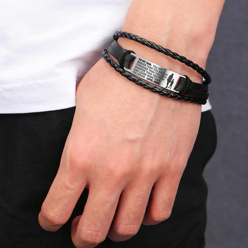 From Mom to Son - Steel & Leather Style Bracelet