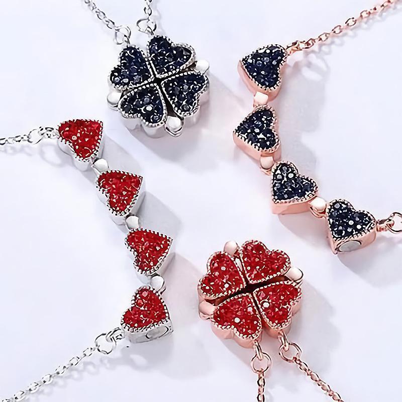 Four Leaf Clovers Heart Crystal Pendant with Necklace