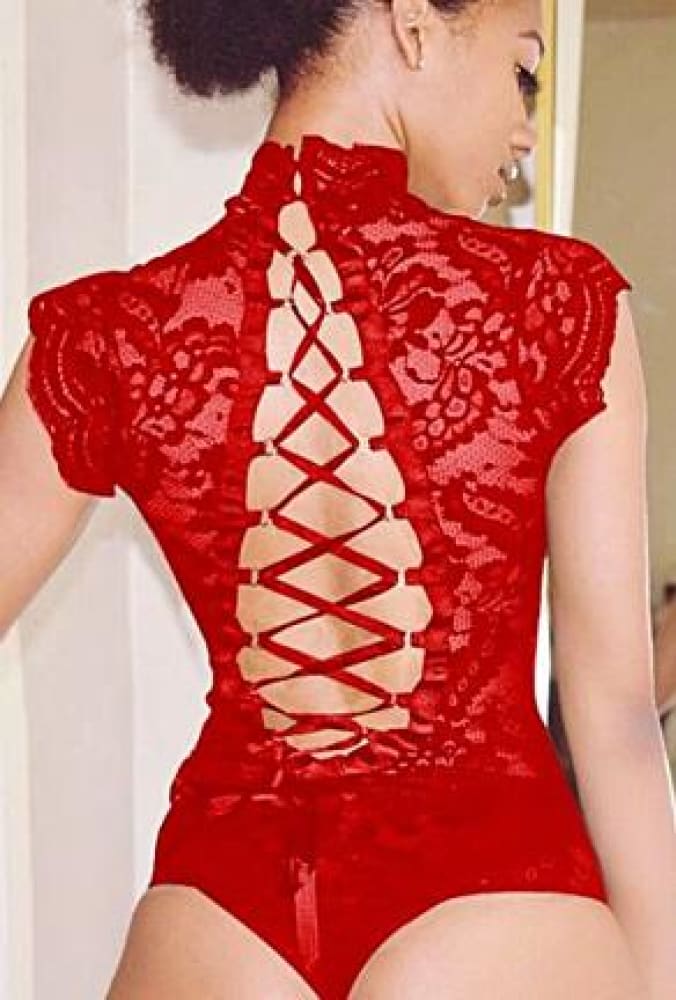 Ahyoka - ribbon lace back bodysuit - s / red - lingerie