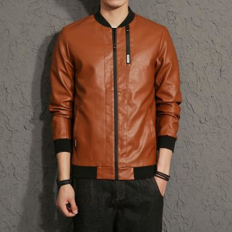 Casual mens leather jacket - orange / m