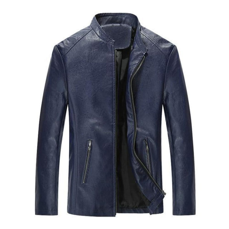 Casual slim mens leather jacket - dark blue / s