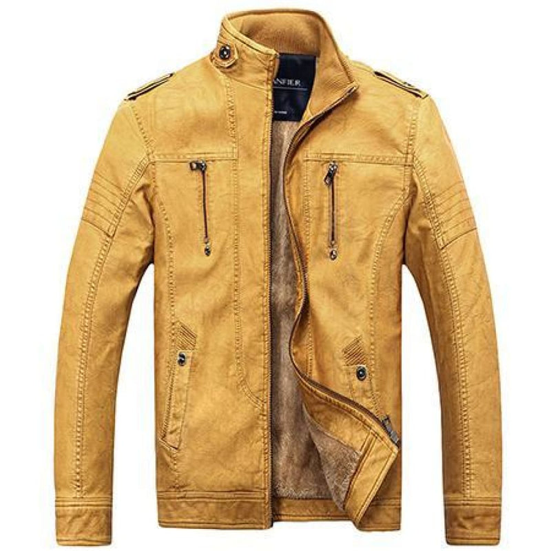 Casual zippers motorcycle men’s leather jacket - yellow / 