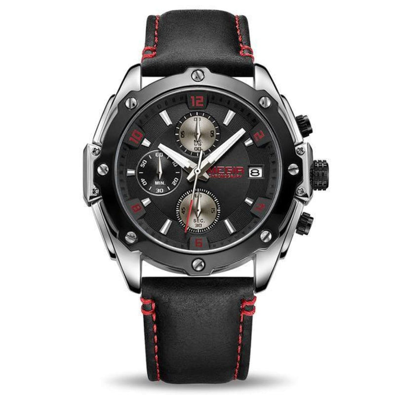 Detonate Leather Strap Chronograph Watch - Black - Red