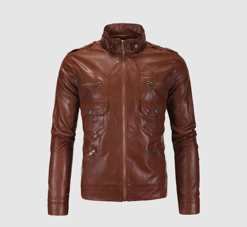 Faux fall winter thin men’s leather jacket - coffee / 3x-l