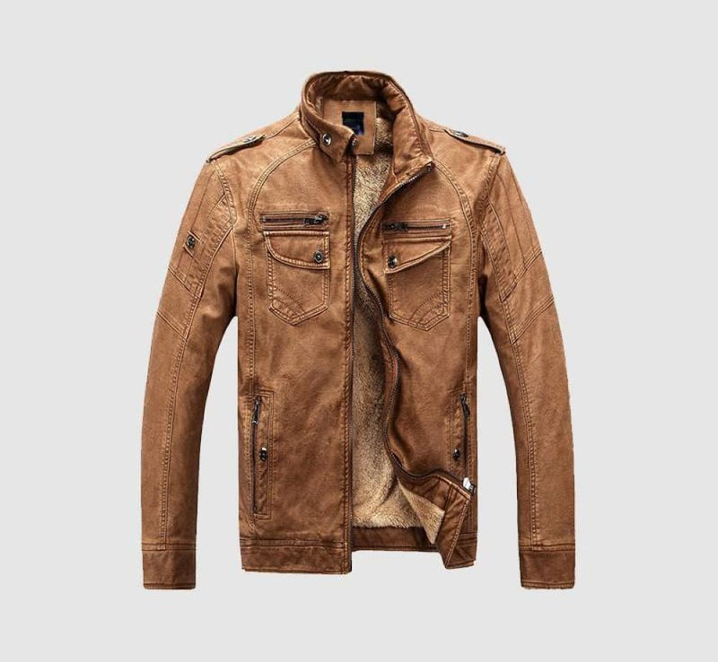 Faux fleece plus thick warm men’s leather jacket