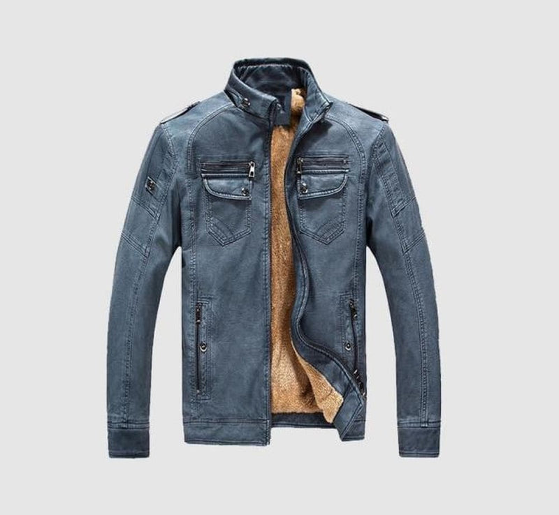 Faux fleece plus thick warm men’s leather jacket - blue / 