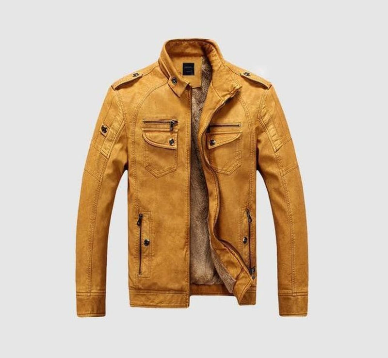 Faux fleece plus thick warm men’s leather jacket - yellow / 