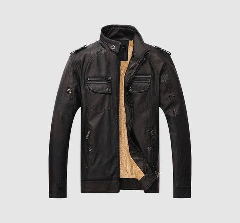 Faux fleece plus thick warm men’s leather jacket - black / 
