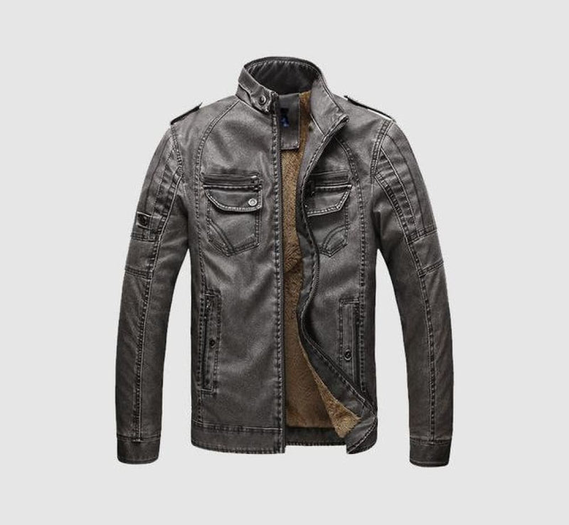 Faux fleece plus thick warm men’s leather jacket - gray / 