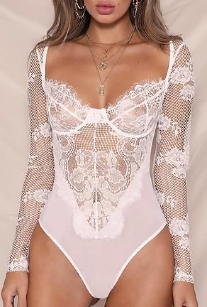 Jesi - lace mesh lingerie bodysuit - s / white - lingerie
