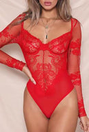 Jesi - lace mesh lingerie bodysuit - s / red - lingerie