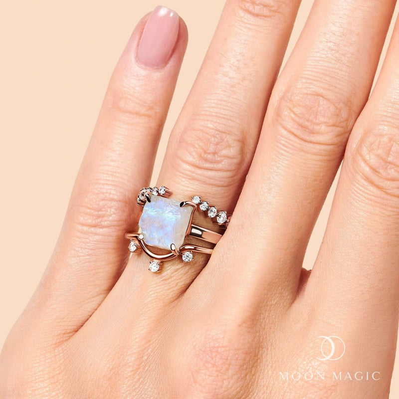 Raw moonstone ring & archer band & cascade band - triple 