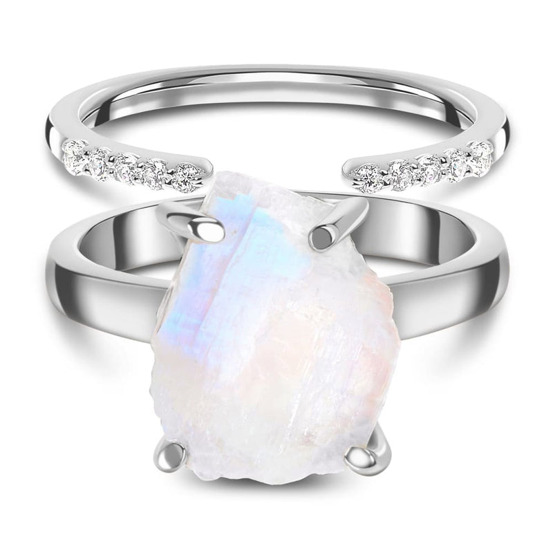 Raw moonstone ring & twinkling band - 925 sterling silver / 