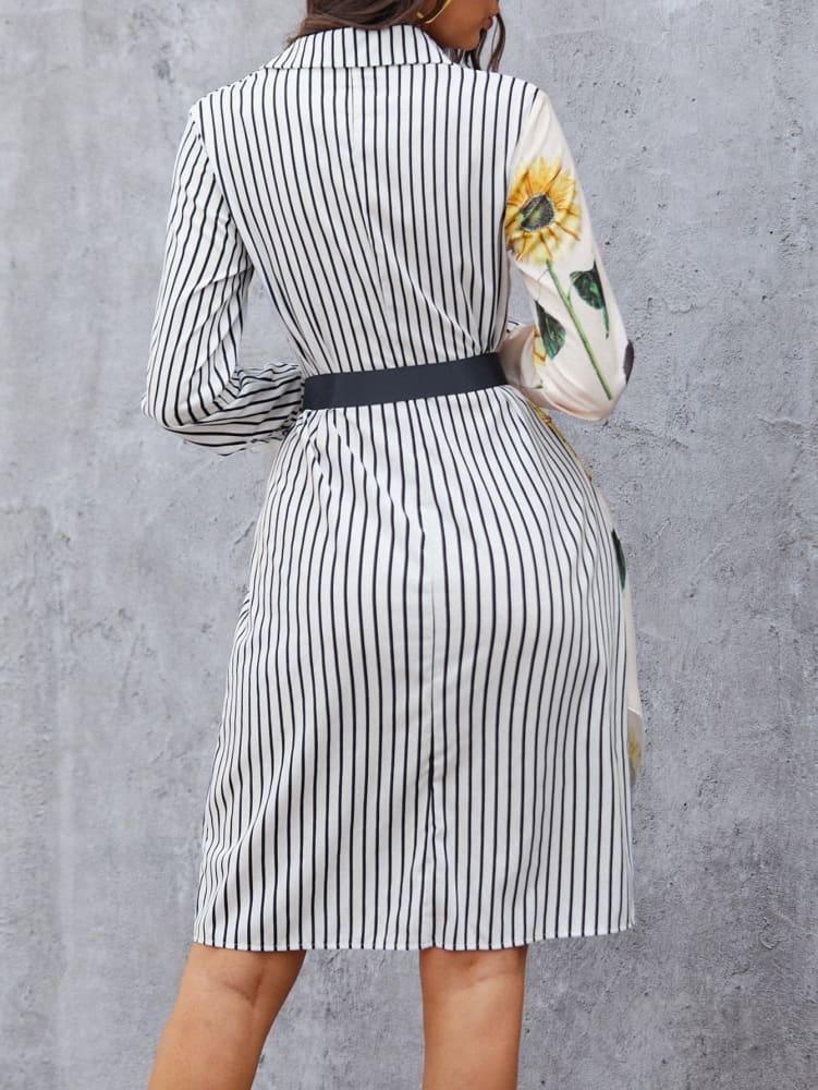 Sunflower & striped print asymmetrical hem belted shirt 