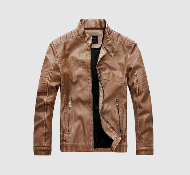 Velvet thick warm wash men’s leather jacket - khaki / small