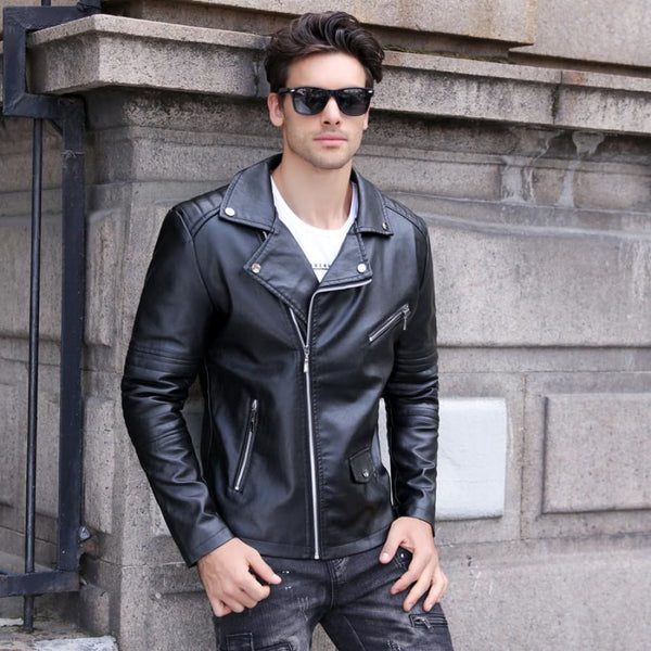 Winter casual mens leather jacket motorcycle style